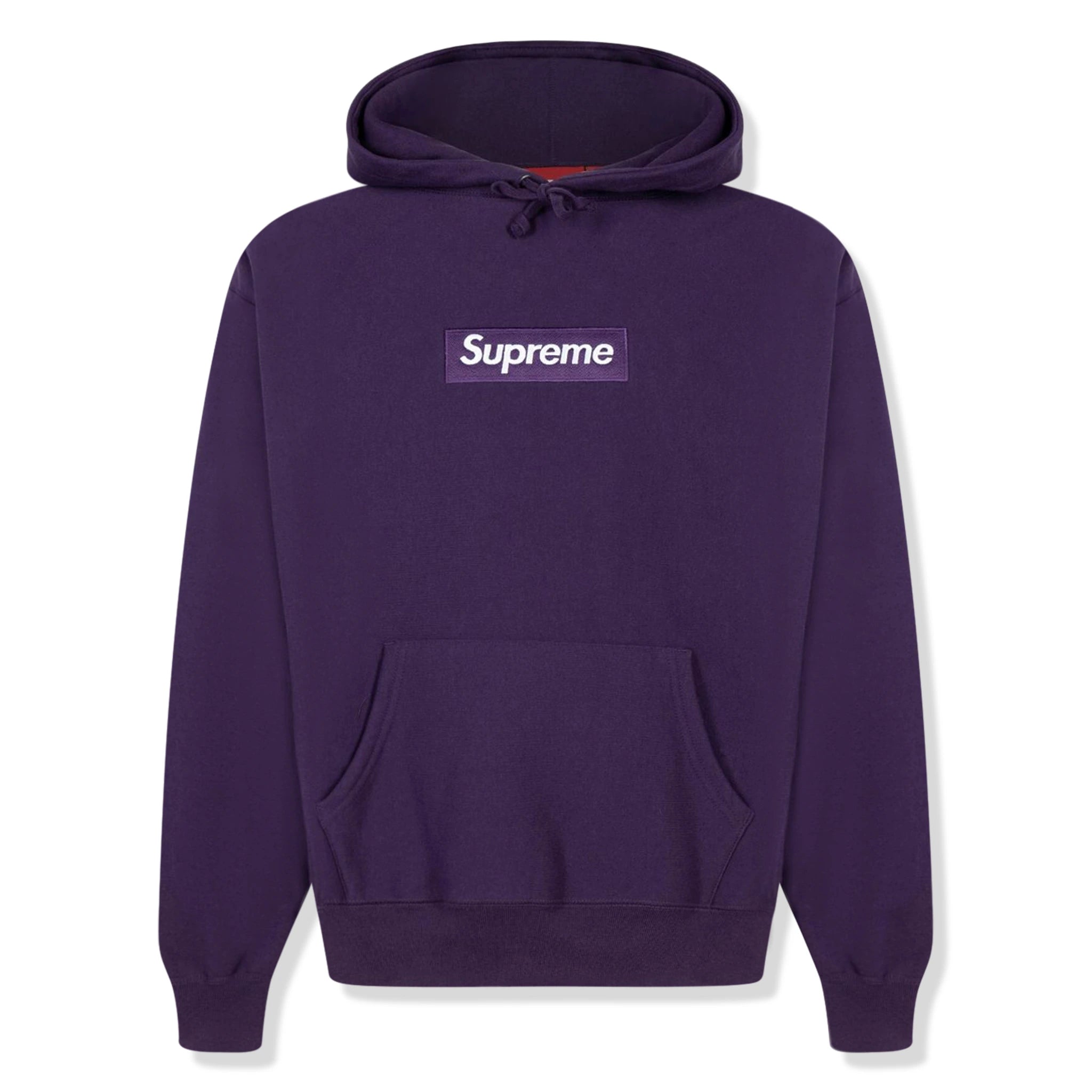 Front view of Supreme Box Logo Dark Purple Hoodie (FW23)